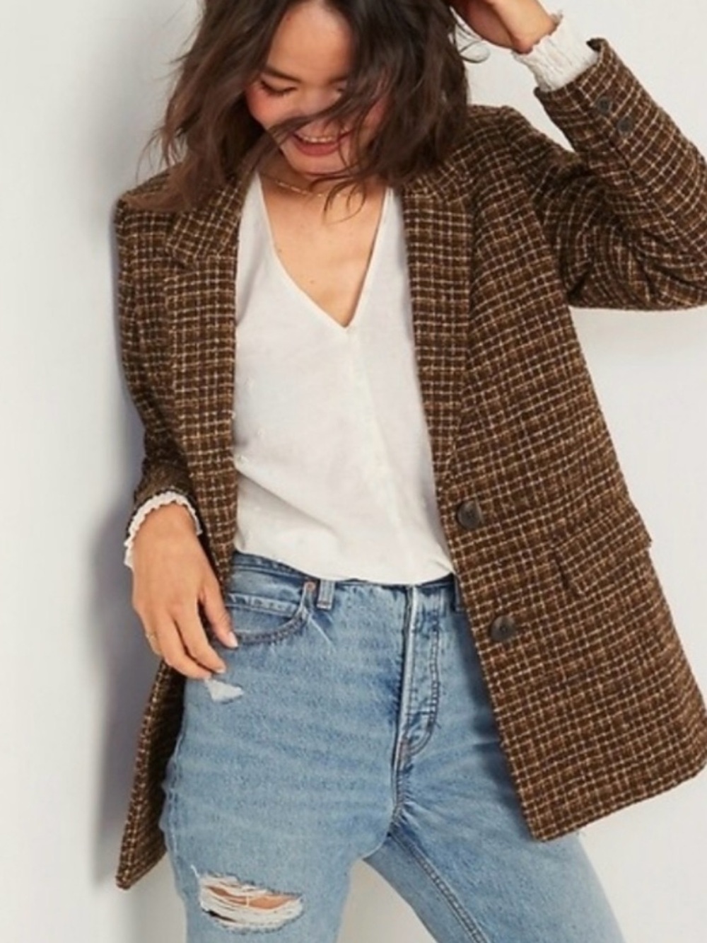 Old Navy Brown Plaid Tailored Blazer